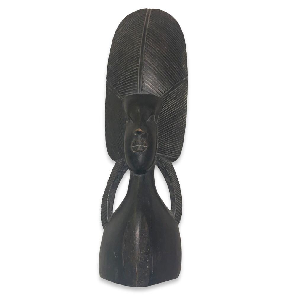 Vintage Hand Carved Ebony Wood 10" Headdress African Tribal Women Statue